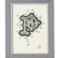 A framed artwork from Pigeon & Poodle’s Aberdeen Frame Collection features an ornate black and white letter "P" with decorative swirls on a white background and a small circular logo in the bottom right corner.