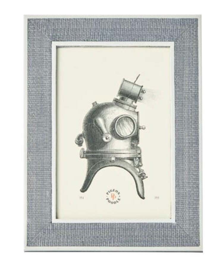 A framed black and white illustration of a vintage deep-sea diving helmet is set against a plain background in an elegant Aberdeen Frame Collection piece by Pigeon & Poodle.