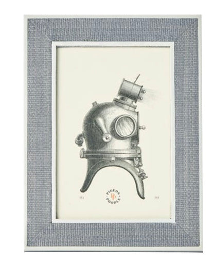 A framed black and white illustration of a vintage deep-sea diving helmet is set against a plain background in an elegant Aberdeen Frame Collection piece by Pigeon & Poodle.