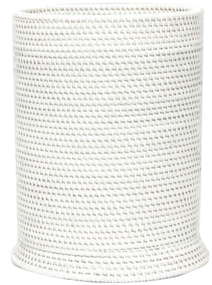 The Dalton Bath Collection by Pigeon & Poodle features a cylindrical white container with a textured, woven-like surface and a slightly flared base, showcasing detailed craftsmanship.