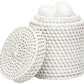 The Dalton Bath Collection by Pigeon & Poodle features a white woven container with a matching lid, elegantly holding white cotton balls inside.