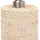 The Dalton Bath Collection by Pigeon & Poodle features a handmade rattan soap dispenser in beige with a woven texture and a sleek stainless steel pump, highlighting expert craftsmanship.
