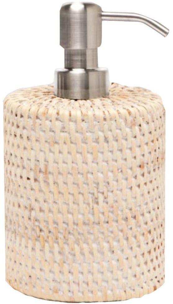 The Dalton Bath Collection by Pigeon & Poodle features a handmade rattan soap dispenser in beige with a woven texture and a sleek stainless steel pump, highlighting expert craftsmanship.