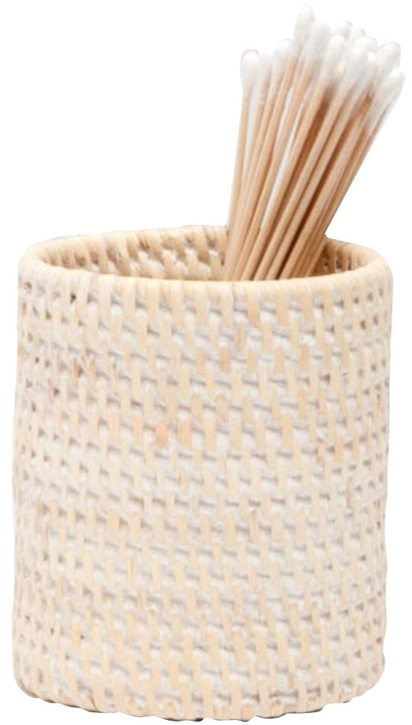 The Dalton Bath Collection by Pigeon & Poodle features a woven beige rattan cup, beautifully crafted to hold cotton swabs with wooden sticks—an elegant accent showcasing the brand's attention to detail.