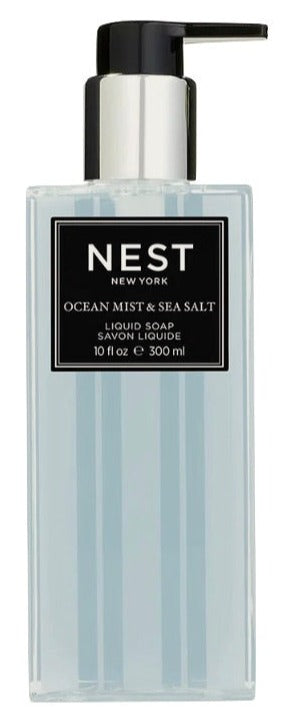 Nest Ocean Mist & Sea Salt Liquid Soap, 10 fl oz (300 ml), comes in a clear rectangular pump bottle with a black and silver label, capturing the refreshing scent of ocean mist and sea salt.