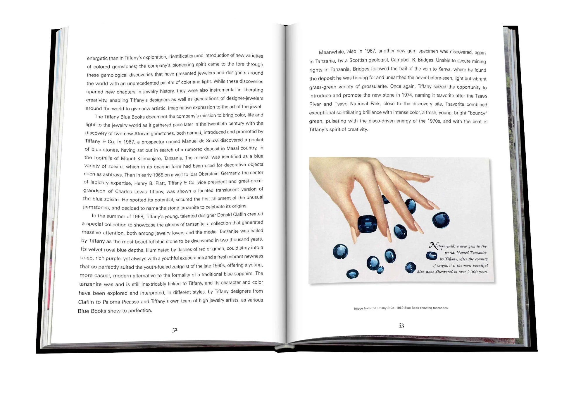 Open book with text on both pages. The right page features a luxurious illustration of a hand decorated with blue gemstones, echoing the signature style of Tiffany & Co., as seen in "Tiffany: Vision & Virtuosity" by Assouline.