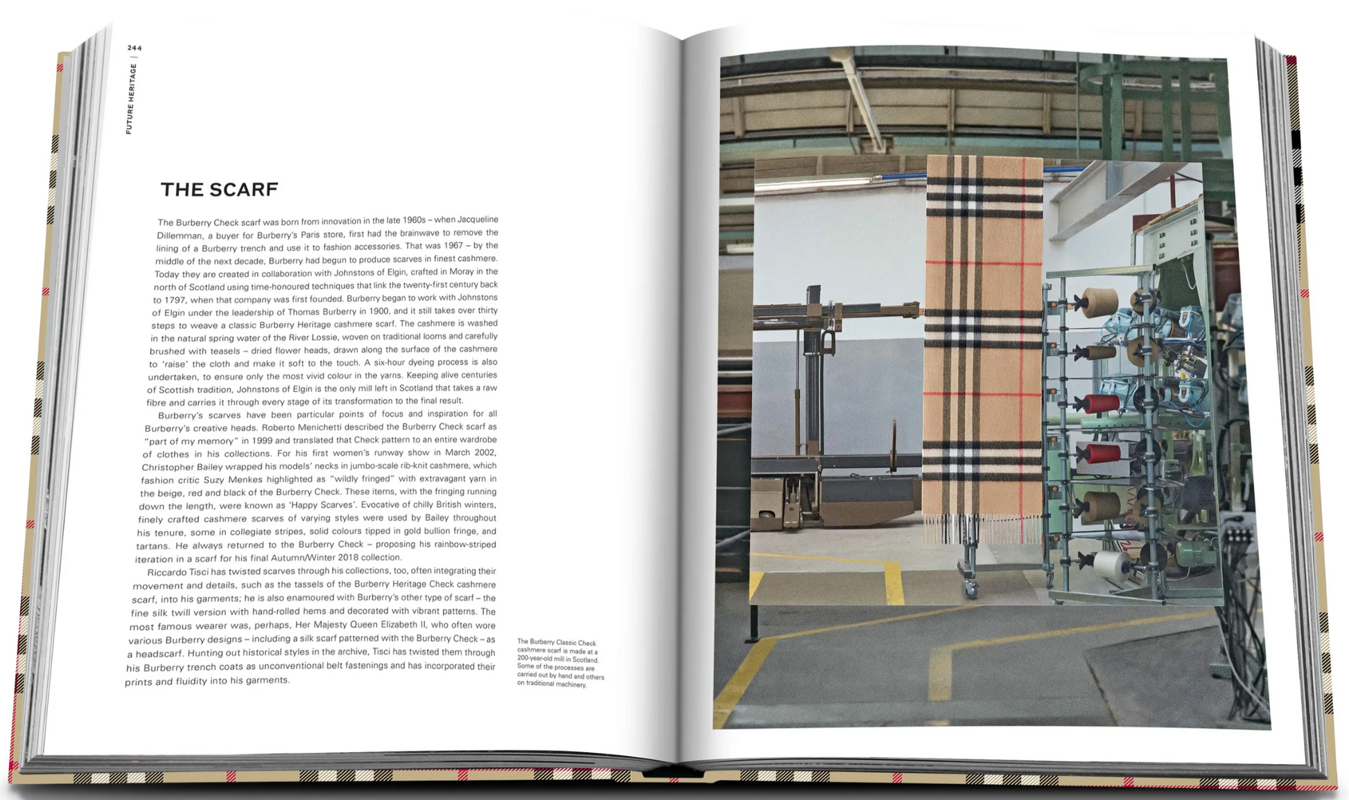 An open Burberry Book by Assouline reveals text about "The Scarf" on the left and shows an image of a loom weaving a classic British-style patterned scarf on the right.