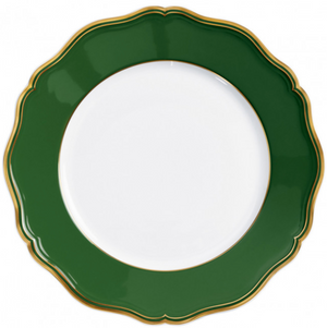 A distinguished piece from the Raynaud Mazurka Or Fond Vert Collection, this white porcelain plate by Raynaud features a luxurious green and gold decorative border, epitomizing poetic elegance and sophistication.