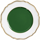 Hand painted Raynaud Mazurka Or Fond Vert porcelain plate with a green center, white border, and gold-trimmed scalloped edge.