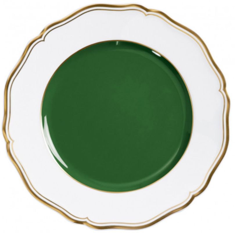 Hand painted Raynaud Mazurka Or Fond Vert porcelain plate with a green center, white border, and gold-trimmed scalloped edge.