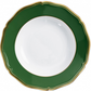 A round Raynaud Mazurka Or Fond Vert porcelain plate with a wide, hand-painted green and gold rim and white center, shown from above against a white background.