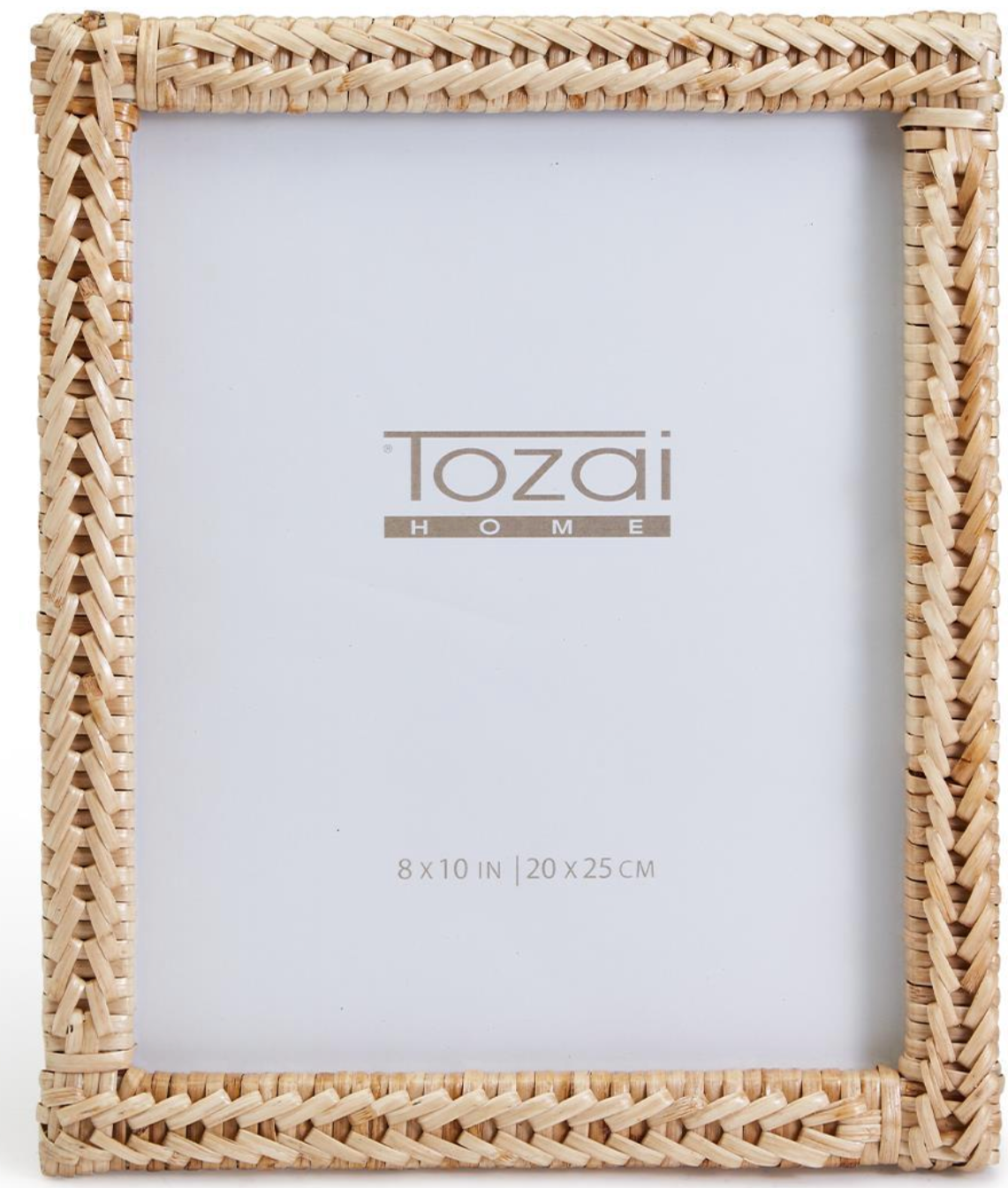 Display your favorite photo in the Two's Company Woven Rattan Frame, 8" x 10". This rectangular frame has a natural woven finish and a white insert with size info. Ideal for tabletop display.