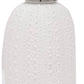 The Hilo Bath Collection soap dispenser by Pigeon & Poodle features white textured porcelain, a silver pump, and a subtle sea urchin pattern, shown isolated on a white background.