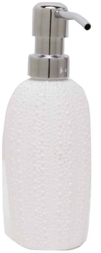 The Hilo Bath Collection soap dispenser by Pigeon & Poodle features white textured porcelain, a silver pump, and a subtle sea urchin pattern, shown isolated on a white background.