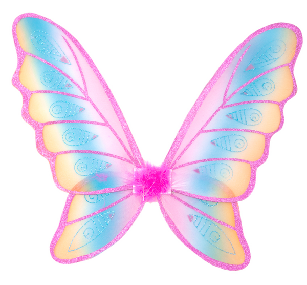 A pair of Great Pretenders Hot Pink Glitter Rainbow Wings, predominantly blue and pink with decorative patterns, isolated on a white background.