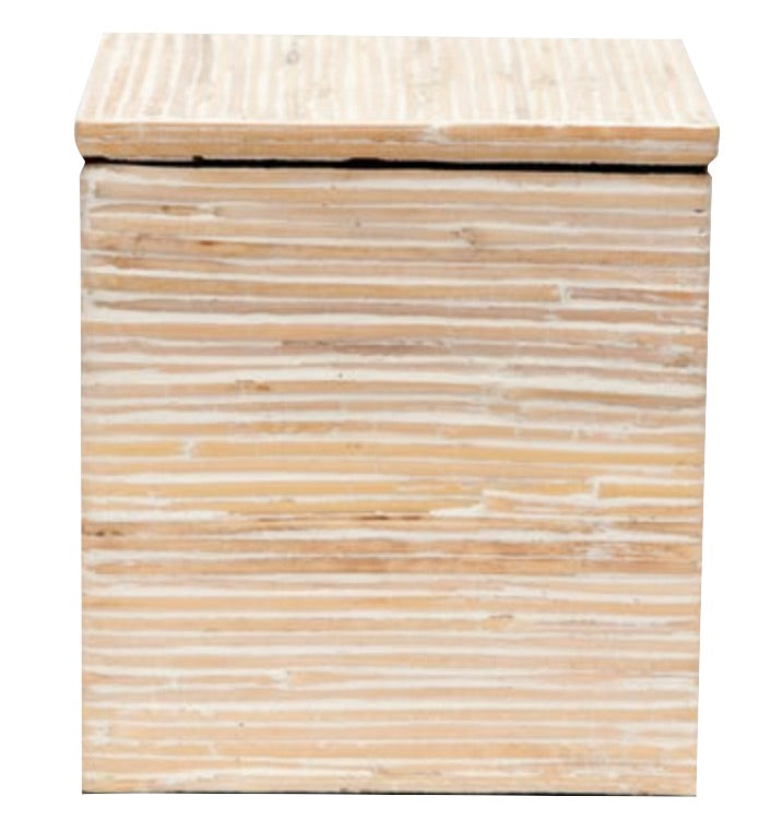 The Kona Bath Collection storage box by Pigeon & Poodle features a square wooden design with a hinged lid, light wood finish, and striped texture—an ideal accent to bring island-inspired charm to your space.