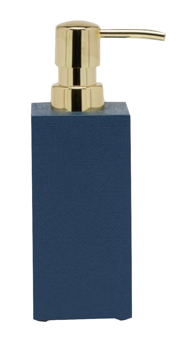 The Dannes Bath Collection by Pigeon & Poodle features a square soap dispenser with a blue base, gold pump, and faux waxed Belgian linen for a luxurious touch.