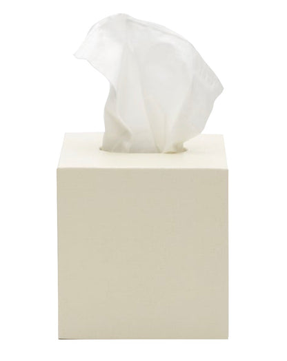 The Dannes Bath Collection tissue box by Pigeon & Poodle, crafted in faux waxed Belgian linen, stands against a monochrome white background with a single tissue emerging from the top.
