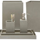 The Dannes Bath Collection by Pigeon & Poodle features gray bathroom accessories with a sleek monochrome faux waxed Belgian linen texture. Set includes tissue box, toothbrush holder, soap dispenser, tray, soap dish, cotton ball container, and waste bin.