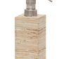 The Kona Bath Collection soap or lotion dispenser by Pigeon & Poodle features a stacked wood-grain pattern and a brushed metal pump, bringing island-inspired style to your space.