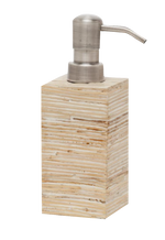 The Kona Bath Collection soap or lotion dispenser by Pigeon & Poodle features a stacked wood-grain pattern and a brushed metal pump, bringing island-inspired style to your space.