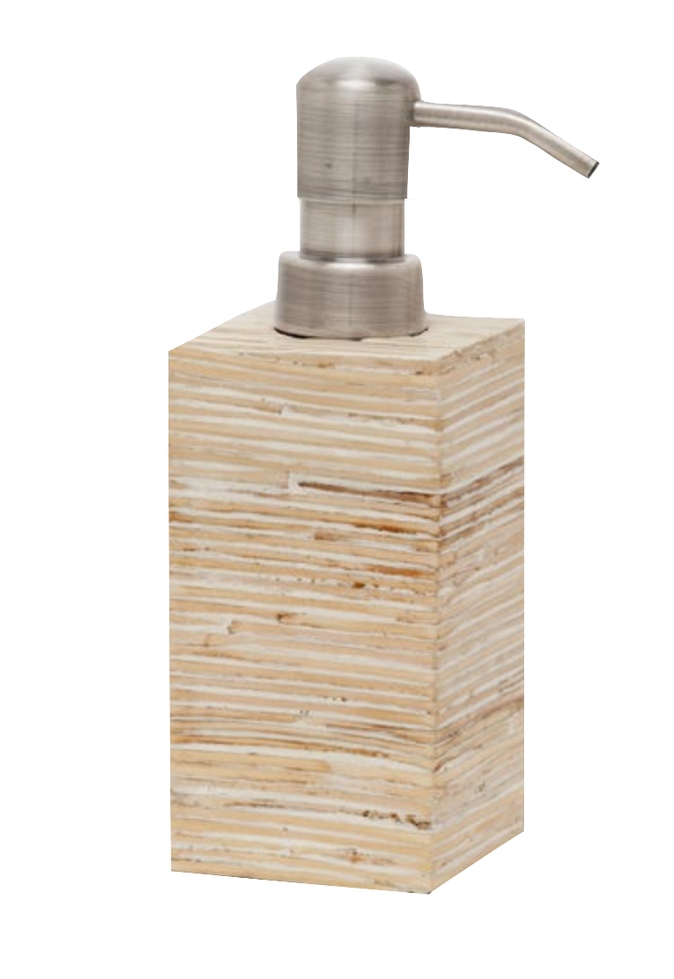 The Kona Bath Collection soap or lotion dispenser by Pigeon & Poodle features a stacked wood-grain pattern and a brushed metal pump, bringing island-inspired style to your space.