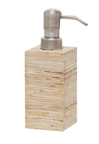 The Kona Bath Collection soap or lotion dispenser by Pigeon & Poodle features a stacked wood-grain pattern and a brushed metal pump, bringing island-inspired style to your space.