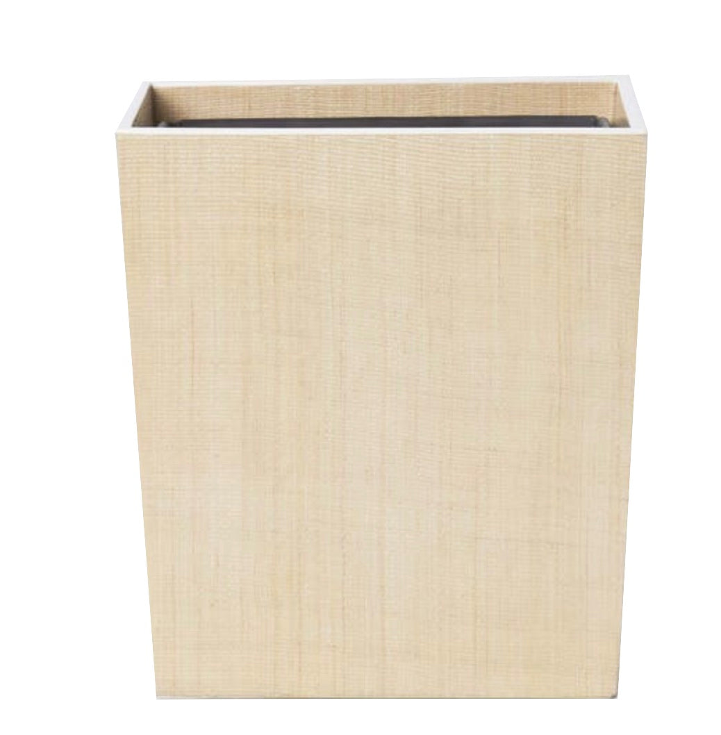 The Maranello Bath Collection waste bin by Pigeon & Poodle features a rectangular beige design with an abaca-resin textured surface and open top, shown against a white background.