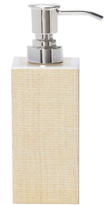 A rectangular beige soap dispenser from Pigeon & Poodle's Maranello Bath Collection, made of painted wood with a silver pump and spout, is shown against a white background.