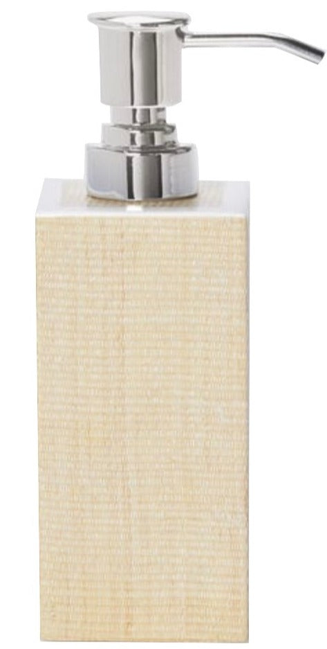 A rectangular beige soap dispenser from Pigeon & Poodle's Maranello Bath Collection, made of painted wood with a silver pump and spout, is shown against a white background.