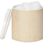 A cylindrical container from the Maranello Bath Collection by Pigeon & Poodle, featuring a textured light tan abaca-resin surface, is filled with white cotton balls and has its white lid placed nearby.