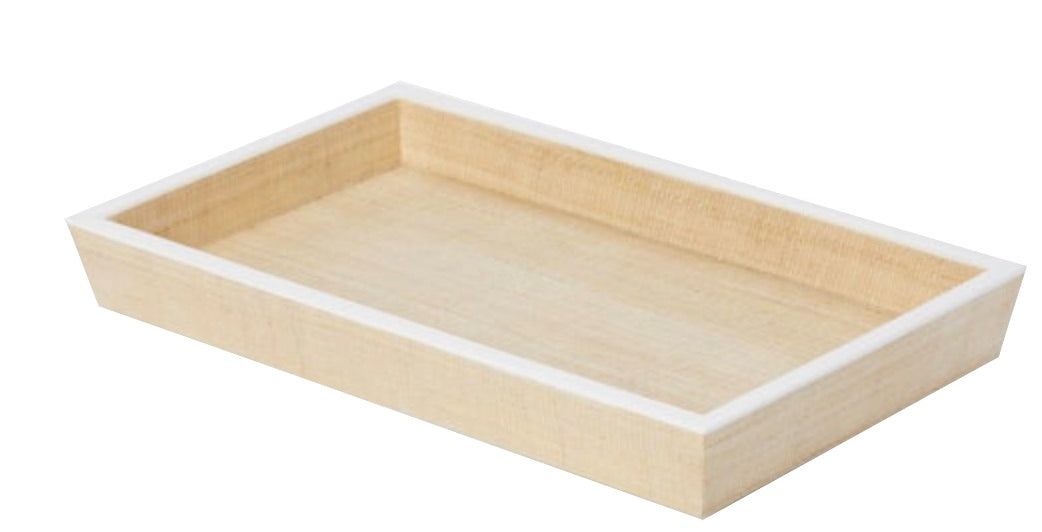 A rectangular, light wood tray with raised sides and white trim from Pigeon & Poodle’s Maranello Bath Collection, shown on a plain white background.