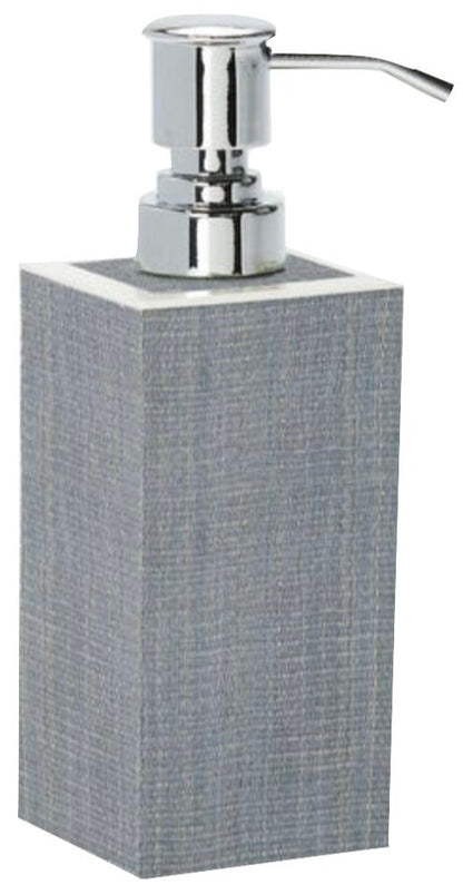 A rectangular gray soap dispenser from Pigeon & Poodle's Maranello Bath Collection features a textured abaca-resin–like surface and a shiny silver pump.