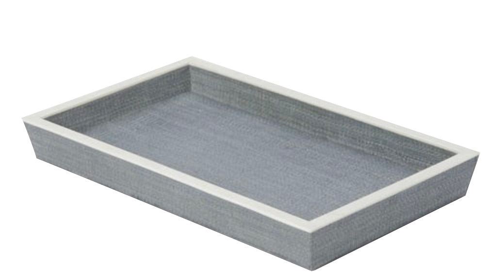 The Maranello Bath Collection tray by Pigeon & Poodle is a rectangular gray painted wood tray with a white rim, displayed on a white background.
