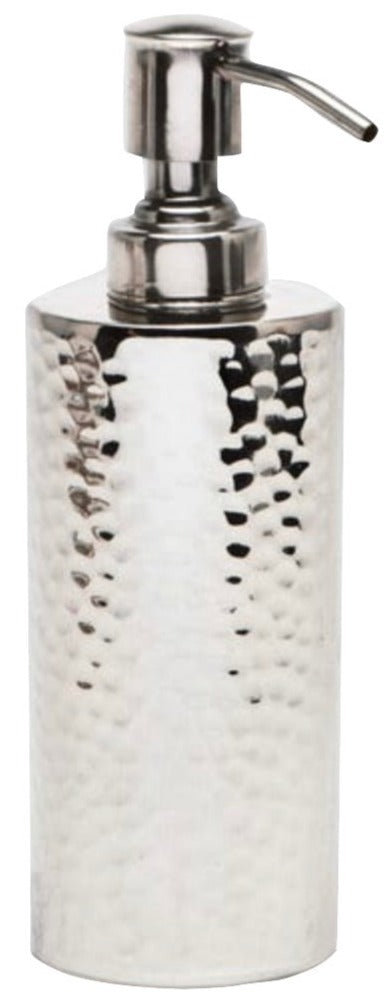 The Verum Bath Collection soap dispenser by Pigeon & Poodle features hand-hammered silver metal and a pump top—an elegant addition to your metal bath decor.
