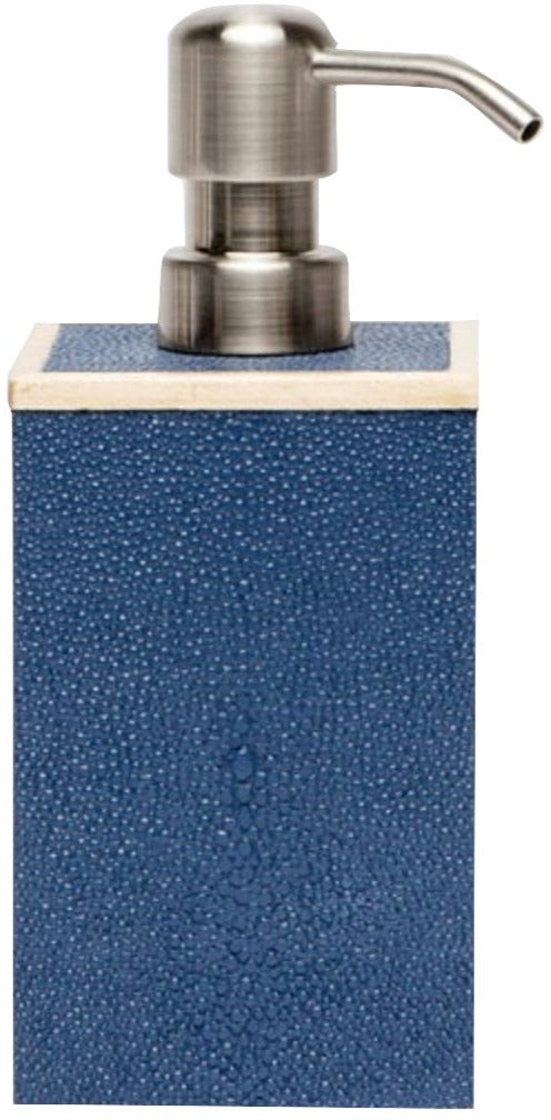 The Manchester Bath Collection by Pigeon & Poodle features a blue shagreen-textured soap dispenser with a silver pump and square base.
