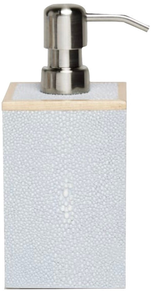 The Manchester Bath Collection by Pigeon & Poodle features a rectangular soap or lotion dispenser with a textured white shagreen body and a metallic pump top.
