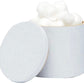 A round, textured white container from the Manchester Bath Collection by Pigeon & Poodle sits with its lid off, revealing white cotton balls inside and showcasing a subtle shagreen finish.