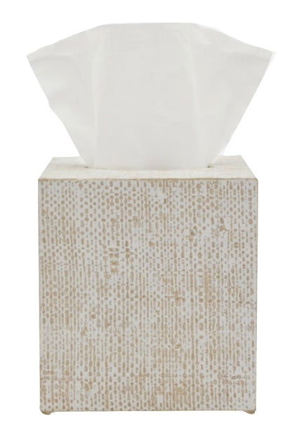 The Ghent Bath Collection beige woven grass tissue box by Pigeon & Poodle, featuring a white tissue peeking out from the top, adds seaside-chic style to your space.