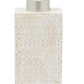 The Ghent Bath Collection by Pigeon & Poodle features a rectangular soap dispenser with a textured beige and white base inspired by woven grass, finished with a metallic pump for seaside-chic appeal.