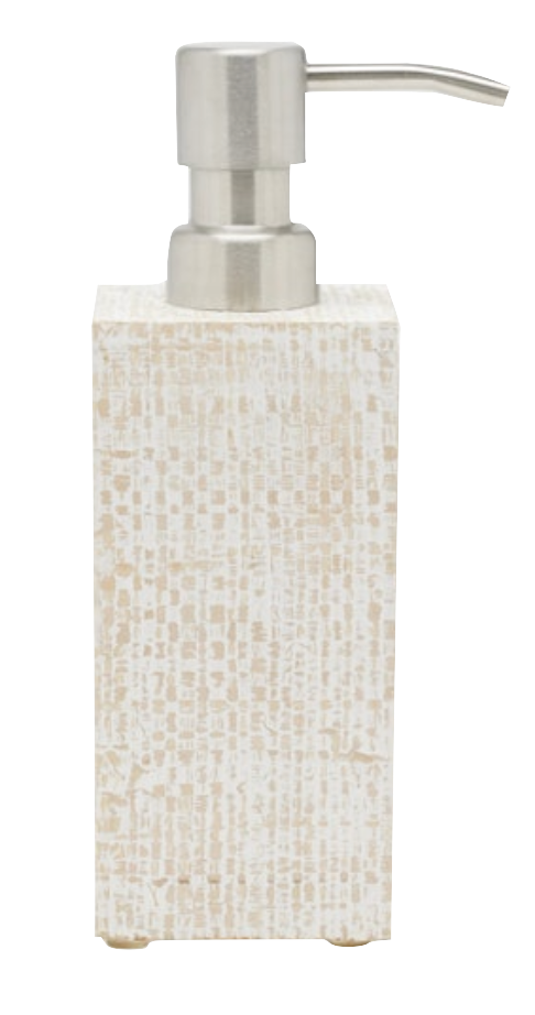 The Ghent Bath Collection by Pigeon & Poodle features a rectangular soap dispenser with a textured beige and white base inspired by woven grass, finished with a metallic pump for seaside-chic appeal.