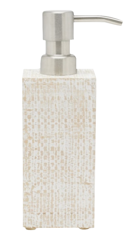 The Ghent Bath Collection by Pigeon & Poodle features a rectangular soap dispenser with a textured beige and white base inspired by woven grass, finished with a metallic pump for seaside-chic appeal.