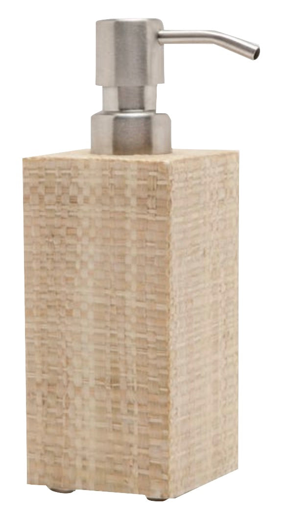 The Ghent Bath Collection soap dispenser by Pigeon & Poodle features a textured beige body reminiscent of woven grass and a sleek silver pump, perfect for adding seaside-chic style to your bathroom. Shown against a plain white background.