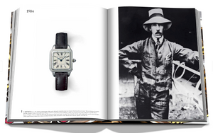An open book reveals a wristwatch with a black band on the left page and a black-and-white photo of a man in a suit with a hat and mustache, dated 1904, on the right page. This timeless arrangement feels like something out of Assouline's The Impossible Collection of Watches (2nd Edition).
