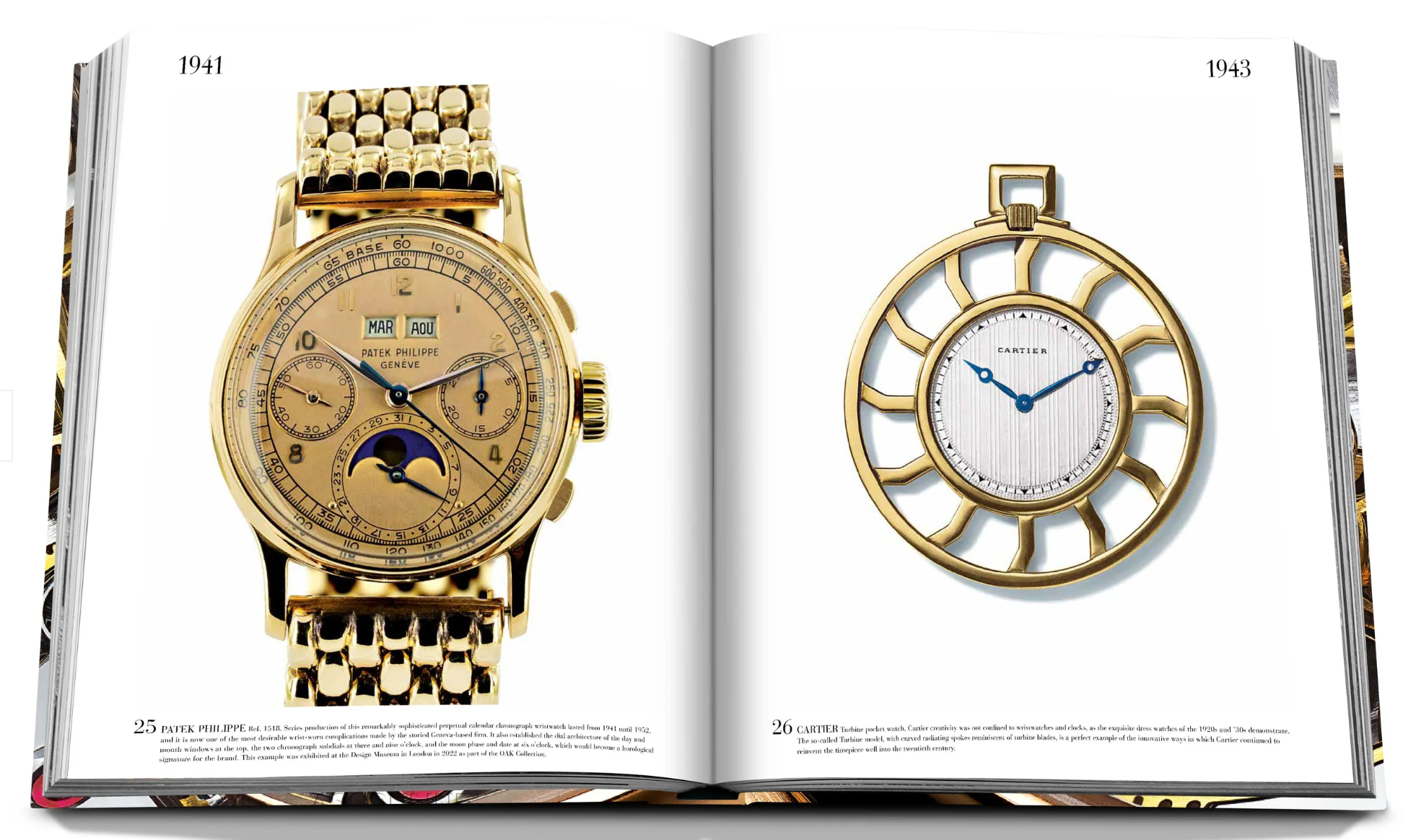 An open book curated by Nicholas Foulkes displays two exquisite timepieces: on the left, a gold Patek Philippe watch from 1941, and on the right, a circular gold Cartier watch from 1943. "The Impossible Collection of Watches (2nd Edition)" by Assouline features intricately designed watches.