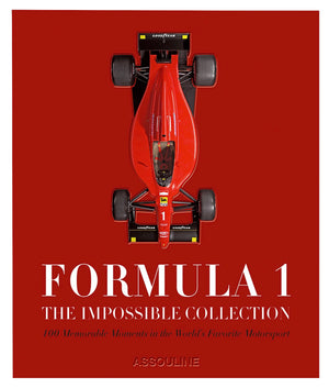A red Formula 1 race car adorns the cover of "The Impossible Collection: Formula 1" by Assouline, highlighting 100 unforgettable motorsport moments with an exhilarating nod to the thrill of turbocharged engines.