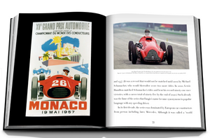 An open copy of Assouline's "The Impossible Collection: Formula 1" shows a vintage car racing poster and a Grand Prix history page, featuring an old race car and driver in helmet and goggles juxtaposed with insights into the evolution toward today's turbocharged Formula One engines.