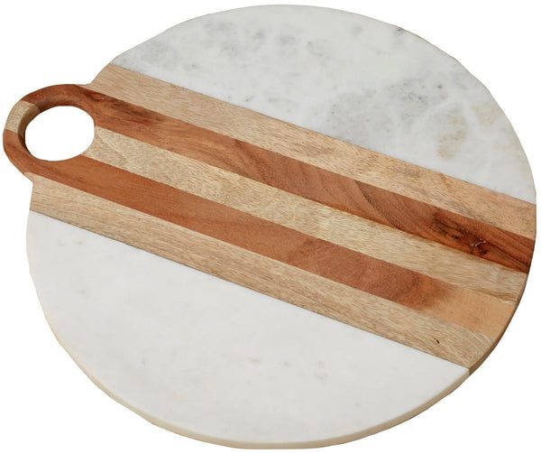 A Be Home Marble & Wood Board Collection cutting board with a wooden handle, perfect for the kitchen.