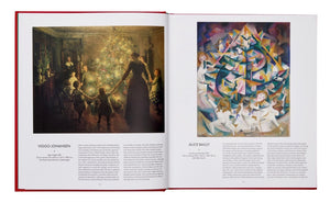 Phaidon’s *The Christmas Book* showcases paintings by Viggo Johansen and Alice Bailly, featuring descriptive text beneath each artwork that highlights the themes of holiday traditions.