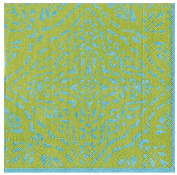 The Caspari Green Annika Cocktail Napkins feature an eco-friendly design with blue geometric and floral cutouts—making them a unique gift item.